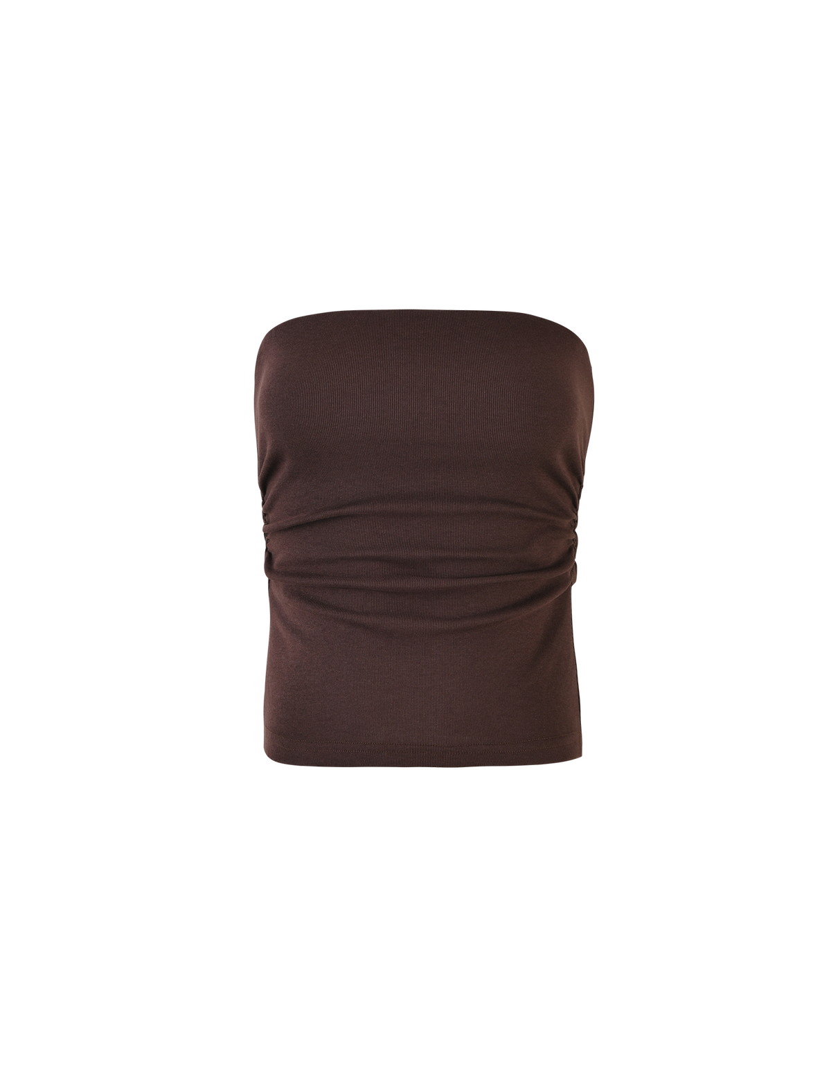 The HARRIETT RIB TOP - BROWN: CHOCOLATE by TIGERMIST is a strapless, fitted tube top in ribbed jersey, shown on a plain white background.