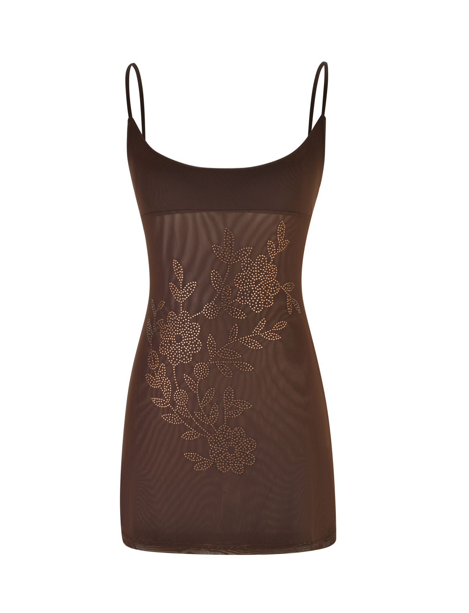 The TIGERMIST OCTAVIA MINI DRESS - BROWN : CHOCOLATE is a sleeveless sheer chocolate slip dress with thin straps and small gold stud floral embellishments on the front.