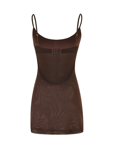 The TIGERMIST OCTAVIA MINI DRESS - BROWN : CHOCOLATE features adjustable spaghetti straps and an open back with hook-and-eye closures, shown against a white background.