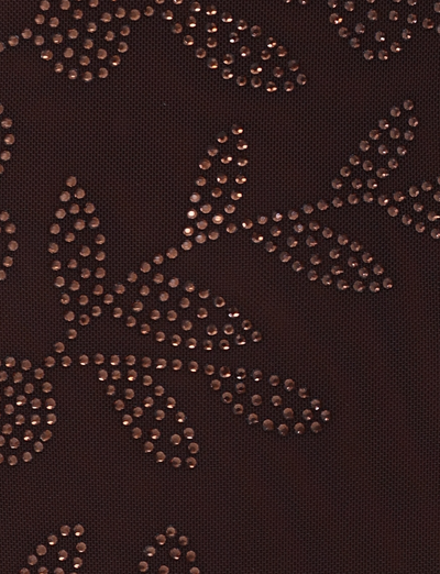 Close-up of the OCTAVIA MINI DRESS - BROWN : CHOCOLATE by TIGERMIST, featuring chocolate brown fabric adorned with shiny metallic dots forming leaf and branch shapes for a subtle and textured decorative effect.
