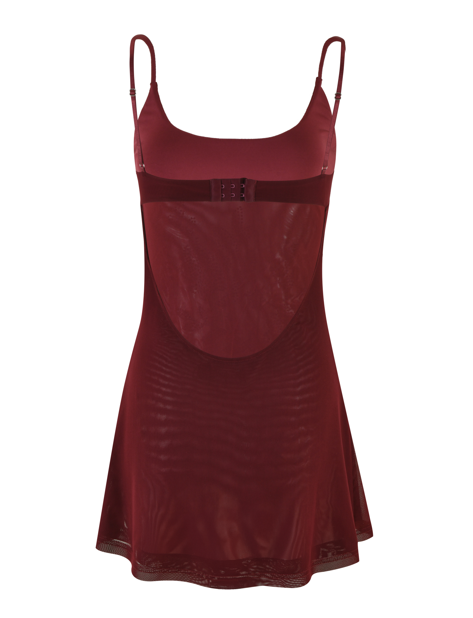 The TIGERMIST OCTAVIA DRESS - PURPLE : WINE is a sheer burgundy lingerie dress with adjustable straps, a bra-style back clasp, and floral embellishments, shown on a white background.