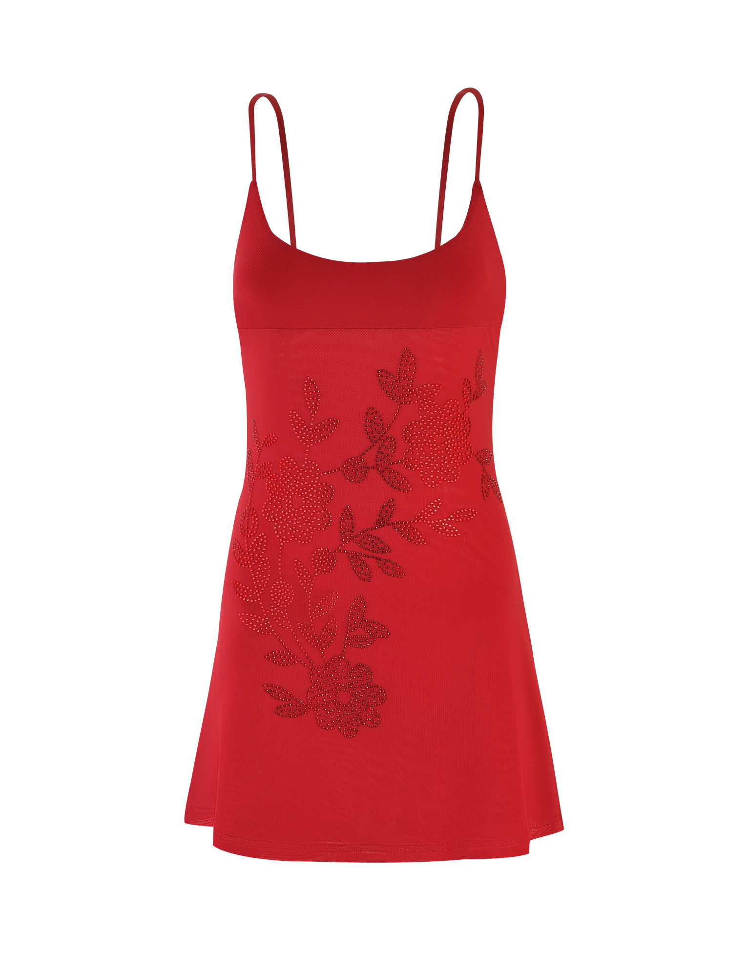 The OCTAVIA DRESS - RED by TIGERMIST is a cherry red mini dress with thin straps and floral diamante embellishments on the front, shown against a plain white background.