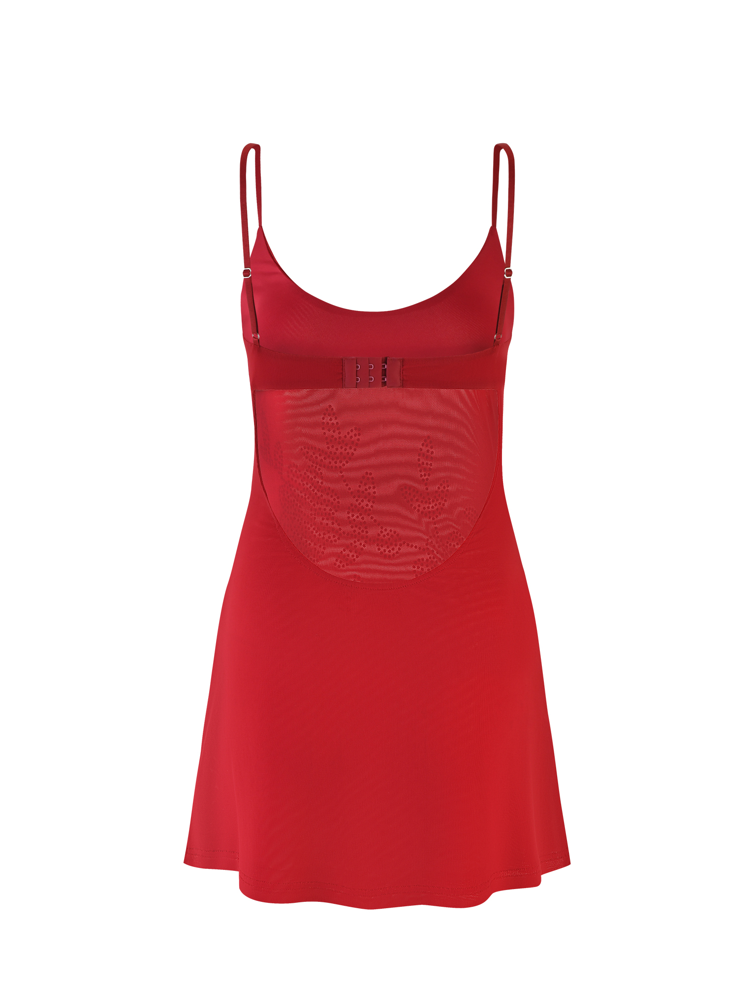 TIGERMIST OCTAVIA DRESS - RED: A cherry red mini slip dress with adjustable spaghetti straps, sheer mesh panel, lace back detailing, and hook-and-eye closure. Sleeveless design shown on a white background.