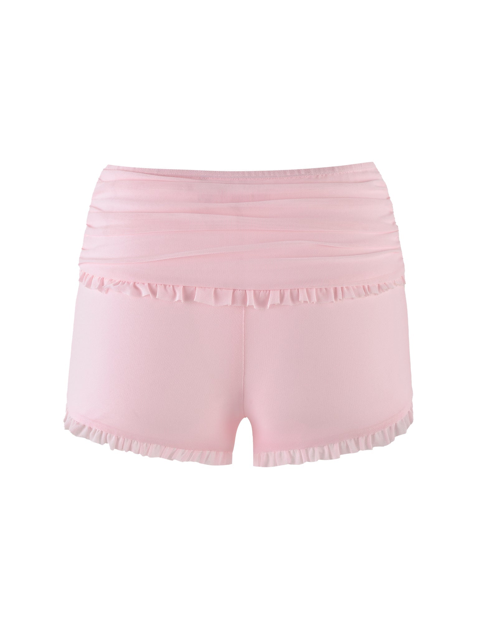 The GINNY SHORT - PINK: BABY PINK from TIGERMIST are a pair of soft baby pink dance shorts with a high waist, featuring delicate ruffles along the waistband and leg openings. Made from high-stretch fabric, they offer comfort suitable for both dance or casual wear. The bodycon silhouette adds a flattering touch. The shorts are showcased against a plain white background.