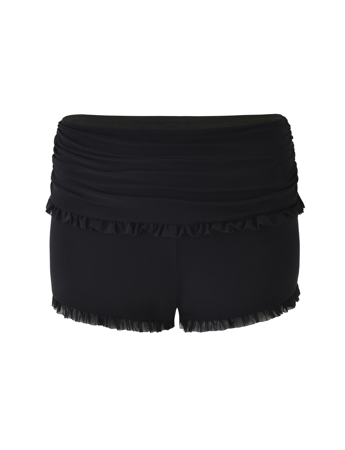 The TIGERMIST GINNY SHORT - BLACK features a high-waisted, bodycon fit with a ruched waistband and ruffle trim along the top and bottom edges, shown against a white background.