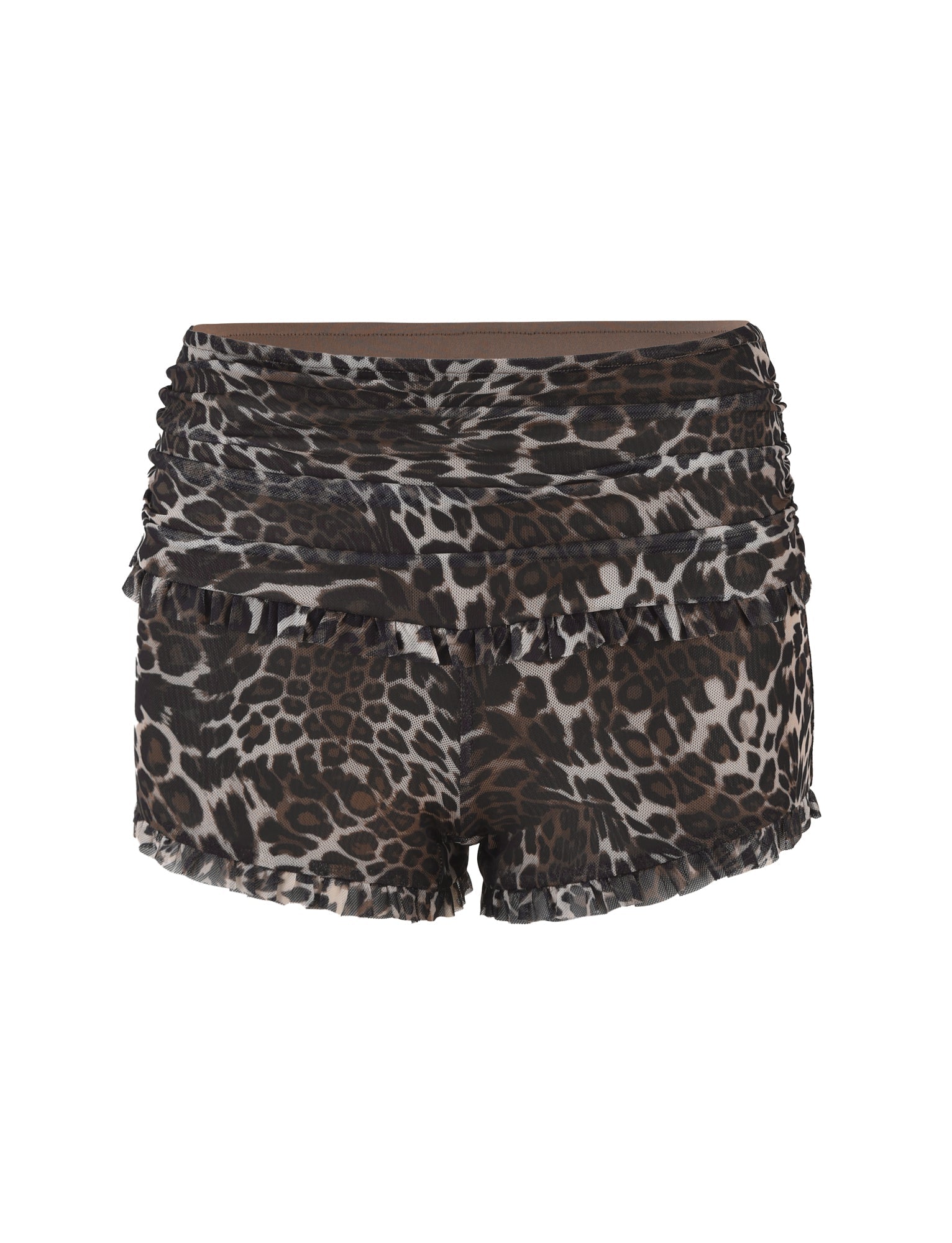 The GINNY SHORT - NEUTRAL : LEOPARD from TIGERMIST features a bodycon silhouette adorned with layered ruffle details, showcasing a striking leopard pattern in dark brown, black, and white.