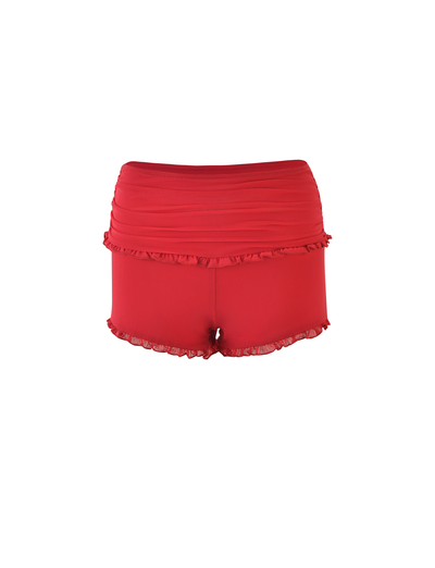 TIGERMIST GINNY SHORT - RED: Cherry Red high-waisted women's shorts with ruffle details at the waistband and leg openings, shown on a white background.