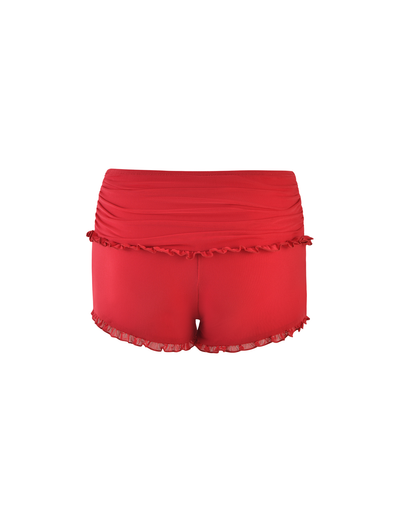 The TIGERMIST GINNY SHORT in cherry red features a high-waisted design with ruched waistband and ruffled hem, shown against a plain white background.