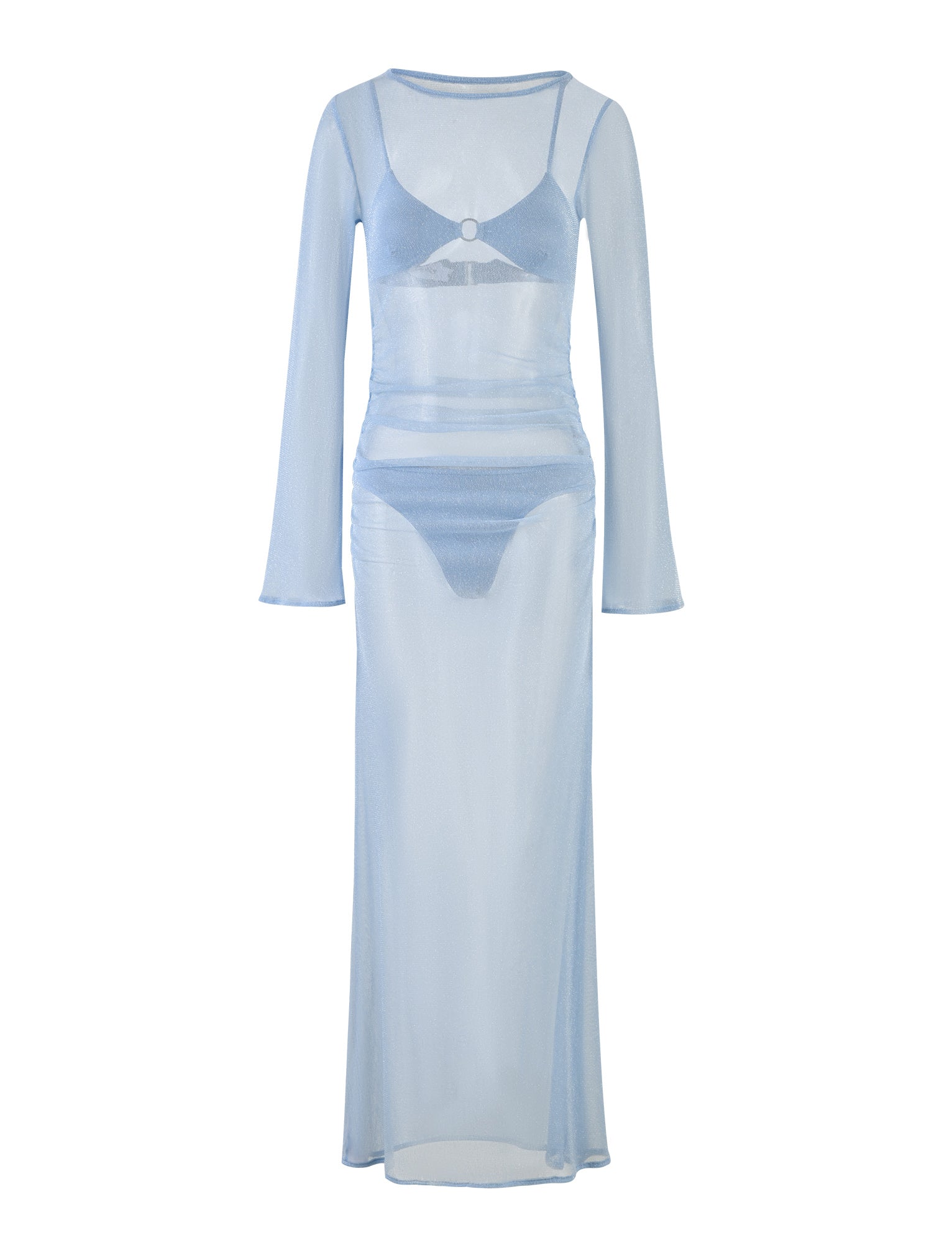 The ALAYNA THREE PIECE MAXI DRESS - BLUE in pale blue by TIGERMIST is displayed. This light blue, sheer, long-sleeved maxi dress features a fitted silhouette and comes with a matching inner set that includes a bralette and high-waisted briefs. The sheer fabric reveals the details of the undergarments beneath.
