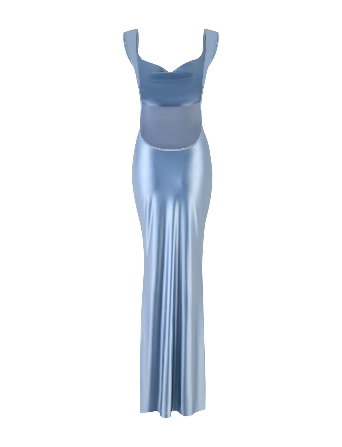 Presenting the MORANA SHIMMER DRESS in Pale Blue by TIGERMIST: a stunning sleeveless, floor-length metallic light blue dress featuring a cowl neckline and a form-fitting bodice. This dress boasts a sleek, shiny finish with a smooth, flowing skirt that elegantly extends to the ground.