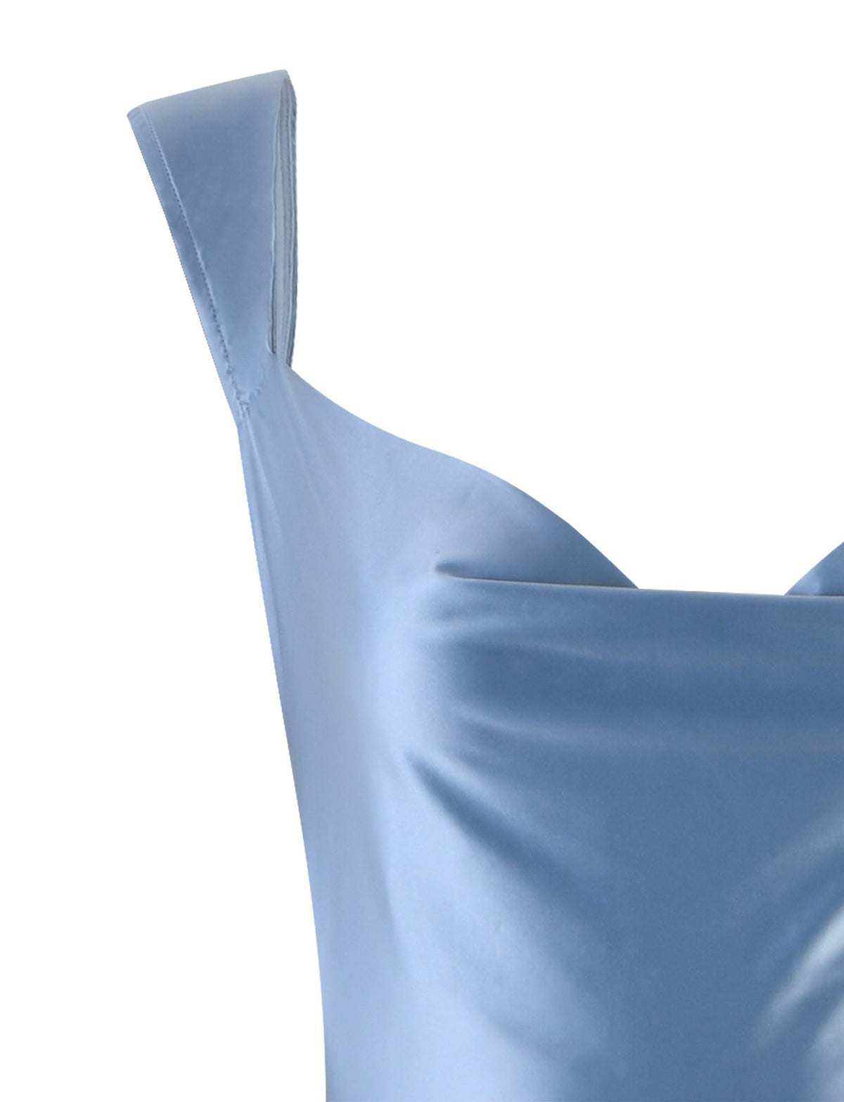 Close-up of a MORANA SHIMMER DRESS - BLUE: PALE BLUE by TIGERMIST, highlighting a portion of the bodice and one strap. The pale blue satin fabric boasts a soft sheen and gentle folds, subtly reflecting light. The design features a structured fit and smooth texture.