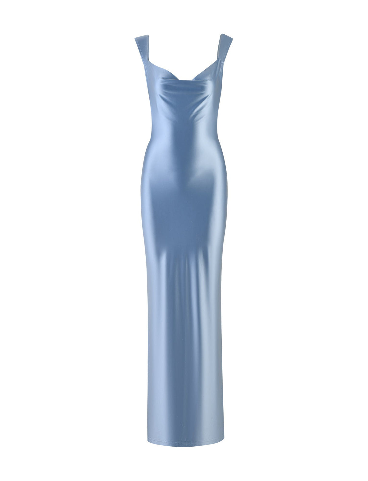 Introducing the MORANA SHIMMER DRESS in Pale Blue from TIGERMIST—a long, elegant, and sleeveless satin dress featuring a cowl neckline and a form-fitting silhouette. The wide shoulder straps extend smoothly down to the hem, creating a sleek and sophisticated appearance.