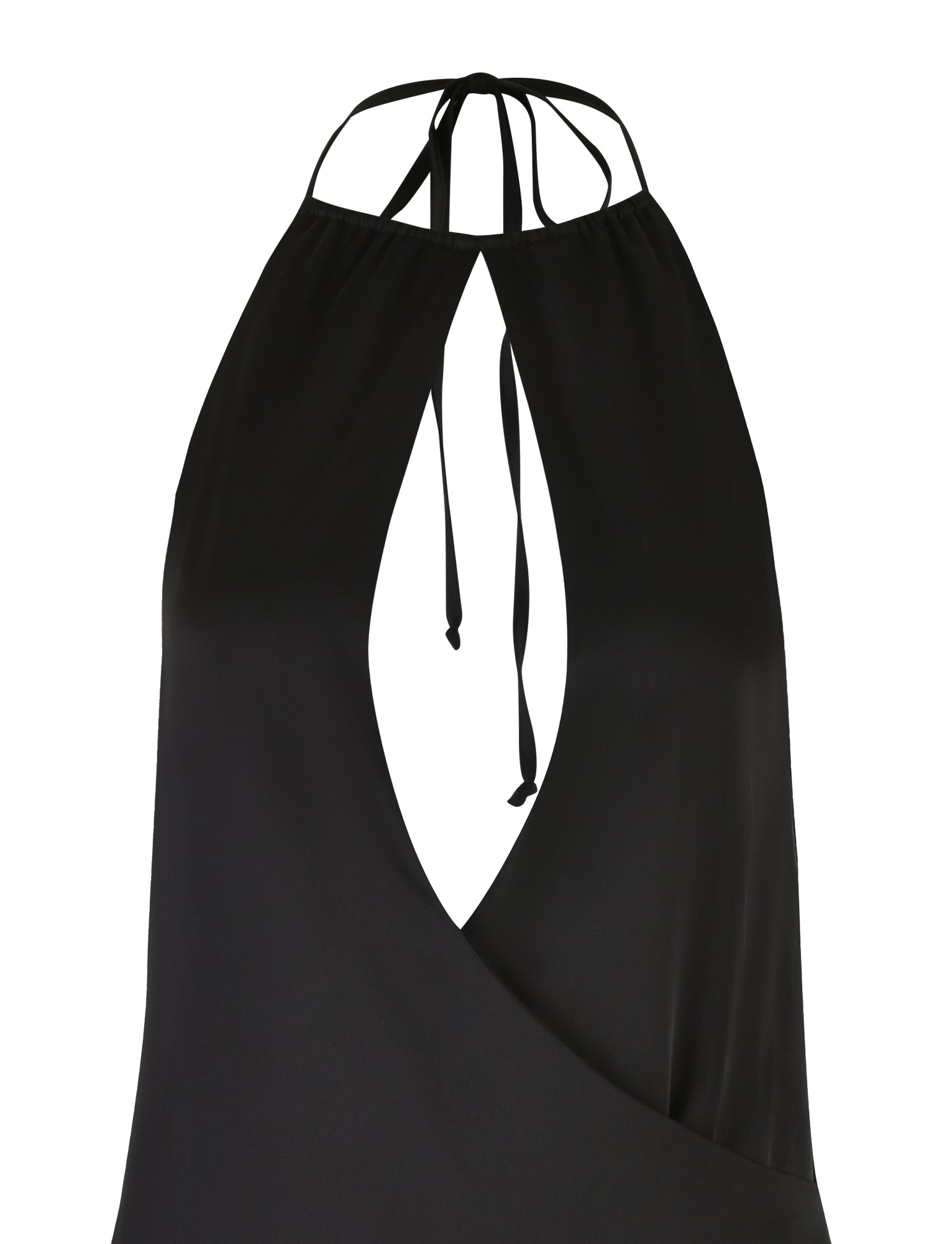A close-up view of the TIGERMIST MONROE DRESS - BLACK showcases its sleek, black colorway, featuring a halter neck top with a keyhole cutout design in the front and thin straps that tie at the neck. The fabric appears smooth and slightly shiny.