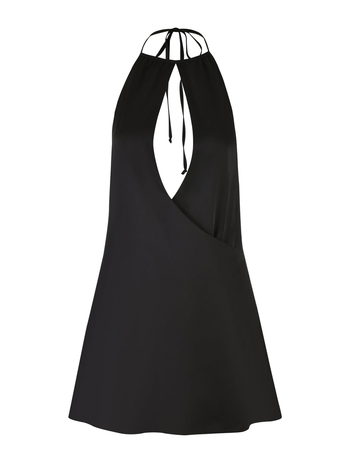 The MONROE DRESS - BLACK by TIGERMIST is a sleeveless black halter dress featuring a deep V-neck cutout at the front. With its mini length and short, A-line silhouette, it ties at the neck to create a keyhole detail above the bust. The fabric appears smooth and flows naturally from the neckline to the hem.