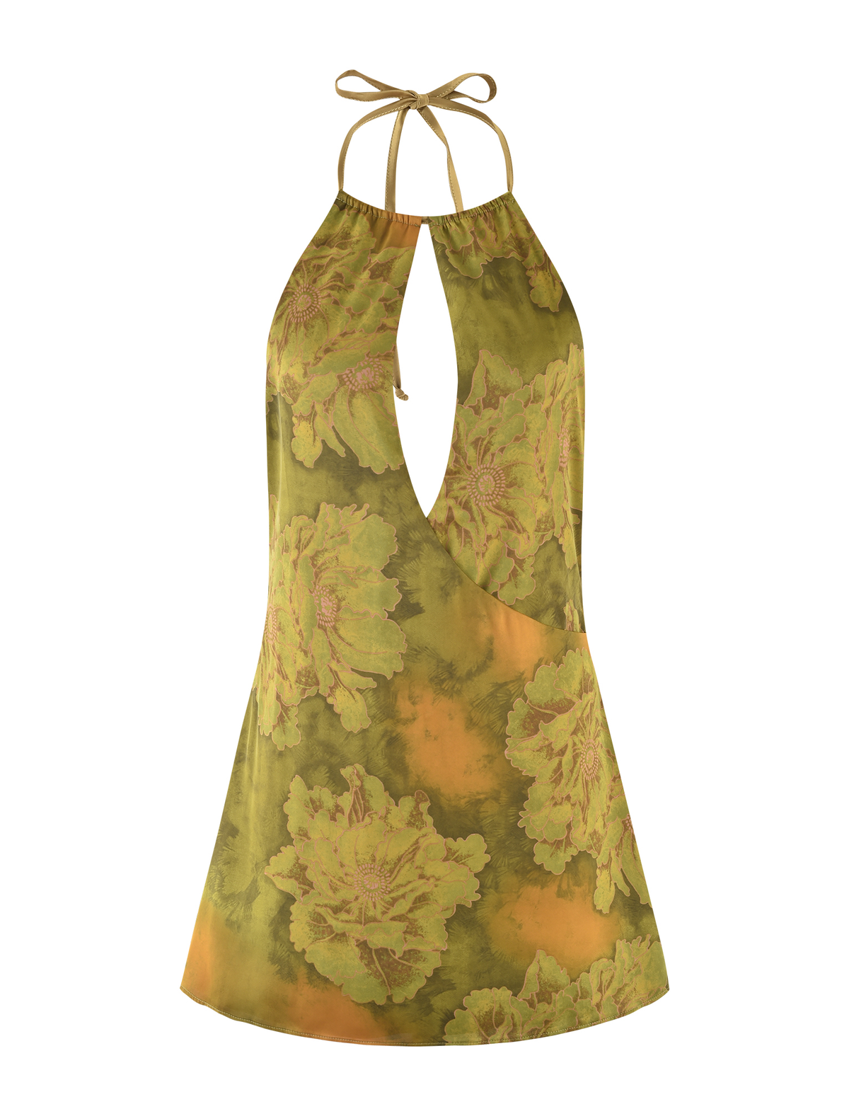 The MONROE DRESS - GREEN : WATER COLOUR FLORAL by TIGERMIST features a sleeveless halter neck, front keyhole cutout, and bold green and yellow tie-dye floral print for a playful, relaxed-fit style.