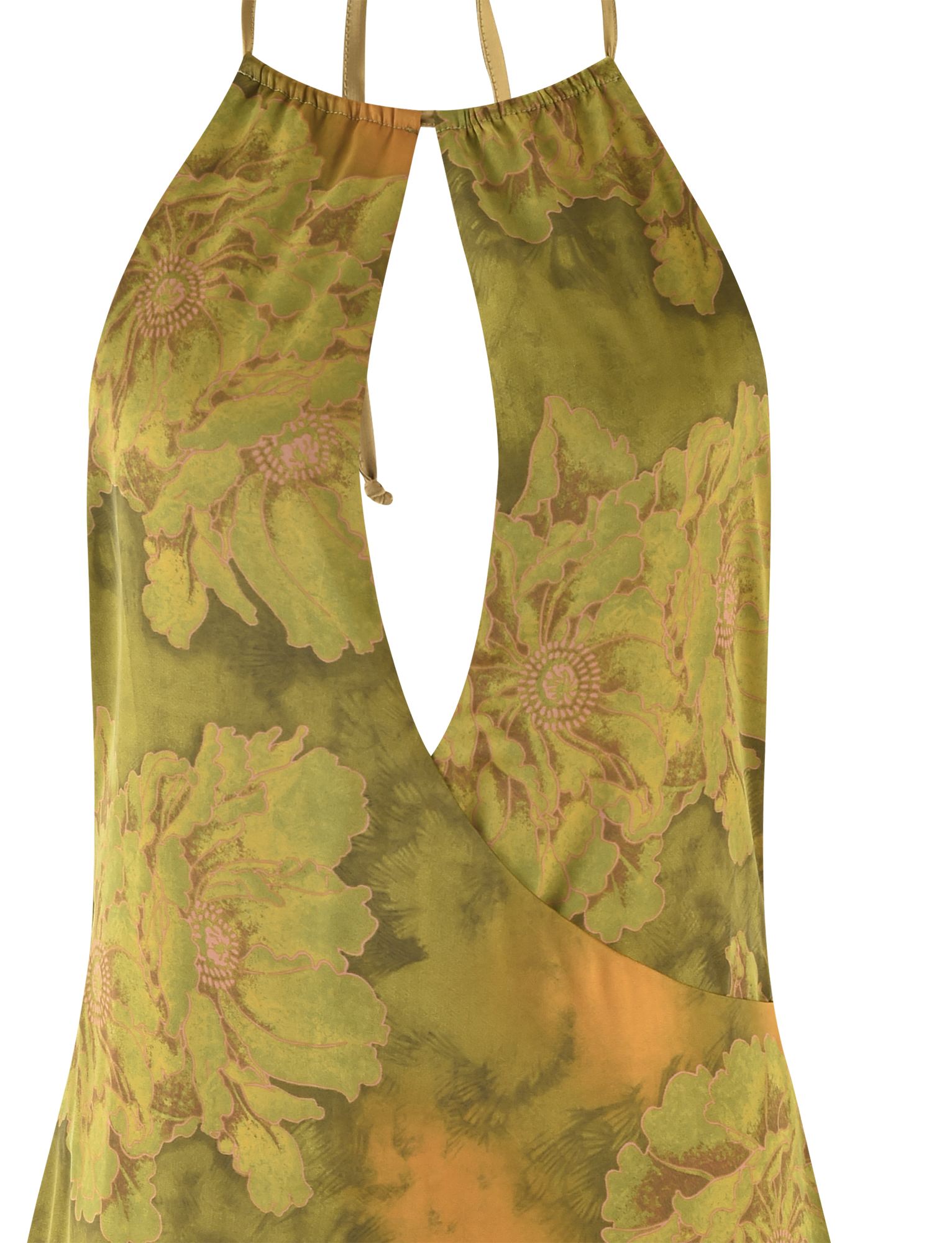 Close-up of the TIGERMIST MONROE DRESS in green, featuring a sleeveless halter neckline with front keyhole cutout and a bold watercolour floral pattern in vibrant green and yellow shades.