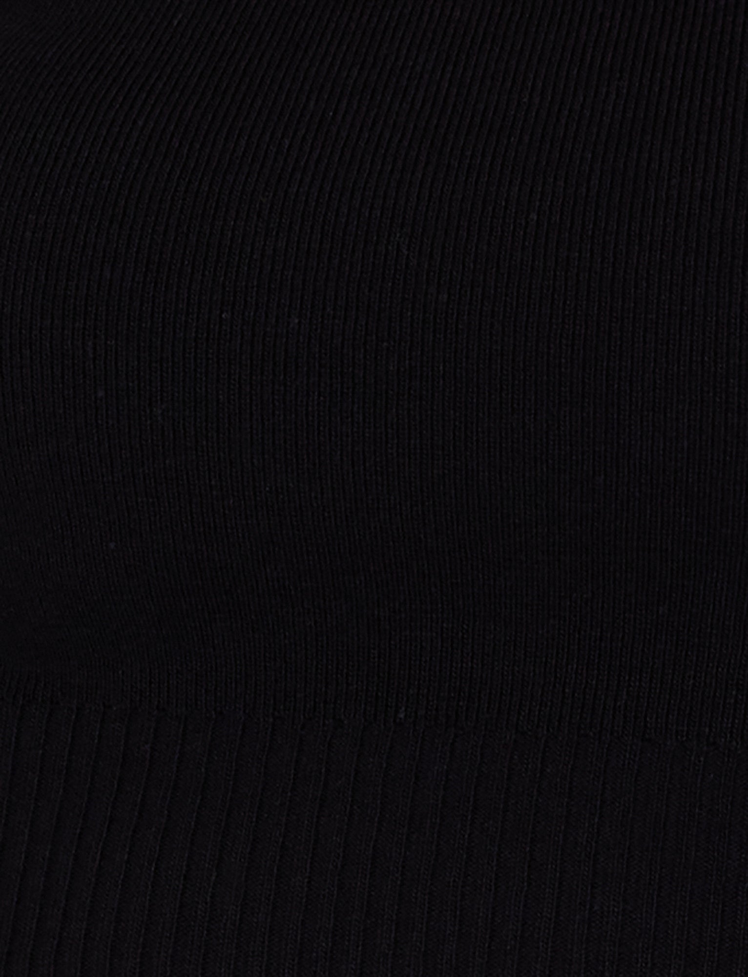 Close-up of the LEDGER CAPRI - BLACK by TIGERMIST, featuring a ribbed fabric with vertical lines and a textured surface. The material appears smooth and elastic, reminiscent of a bodycon fit, with subtle variations in the width of ribbing towards the bottom.