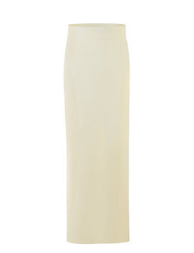 The TIGERMIST LEDGER SKIRT in white and cream is a high-waisted, knee-length pencil skirt made from a smooth, stretchy fabric. This piece features a clean and simple design with no visible zippers, buttons, or embellishments.