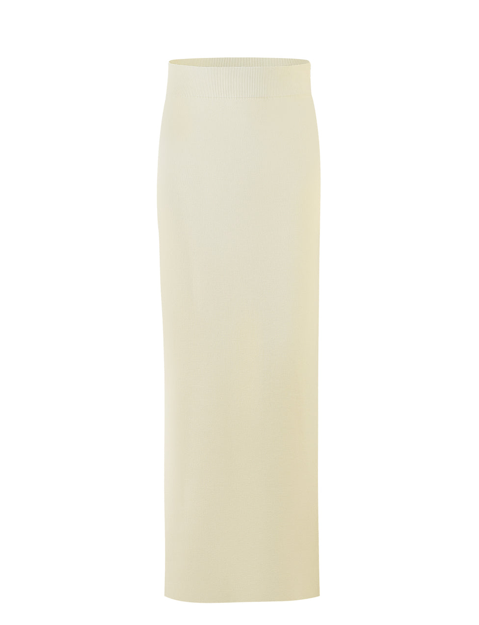 The TIGERMIST LEDGER SKIRT in white and cream is a high-waisted, knee-length pencil skirt made from a smooth, stretchy fabric. This piece features a clean and simple design with no visible zippers, buttons, or embellishments.