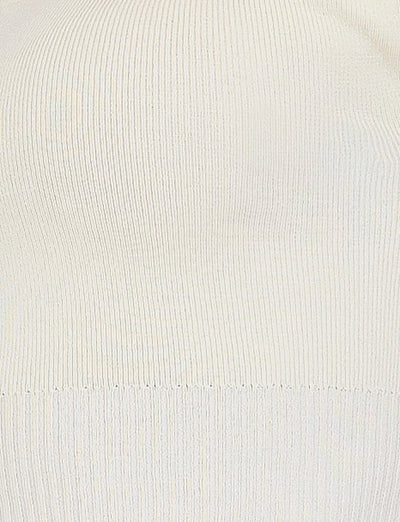 Close-up image of a white ribbed knit fabric, reminiscent of TIGERMIST's LEDGER SKIRT - WHITE : CREAM. The texture is uniform, showcasing vertical lines and a stretchy quality, typical of knitted garments. The lighting is even, highlighting the fabric's structure and detail.