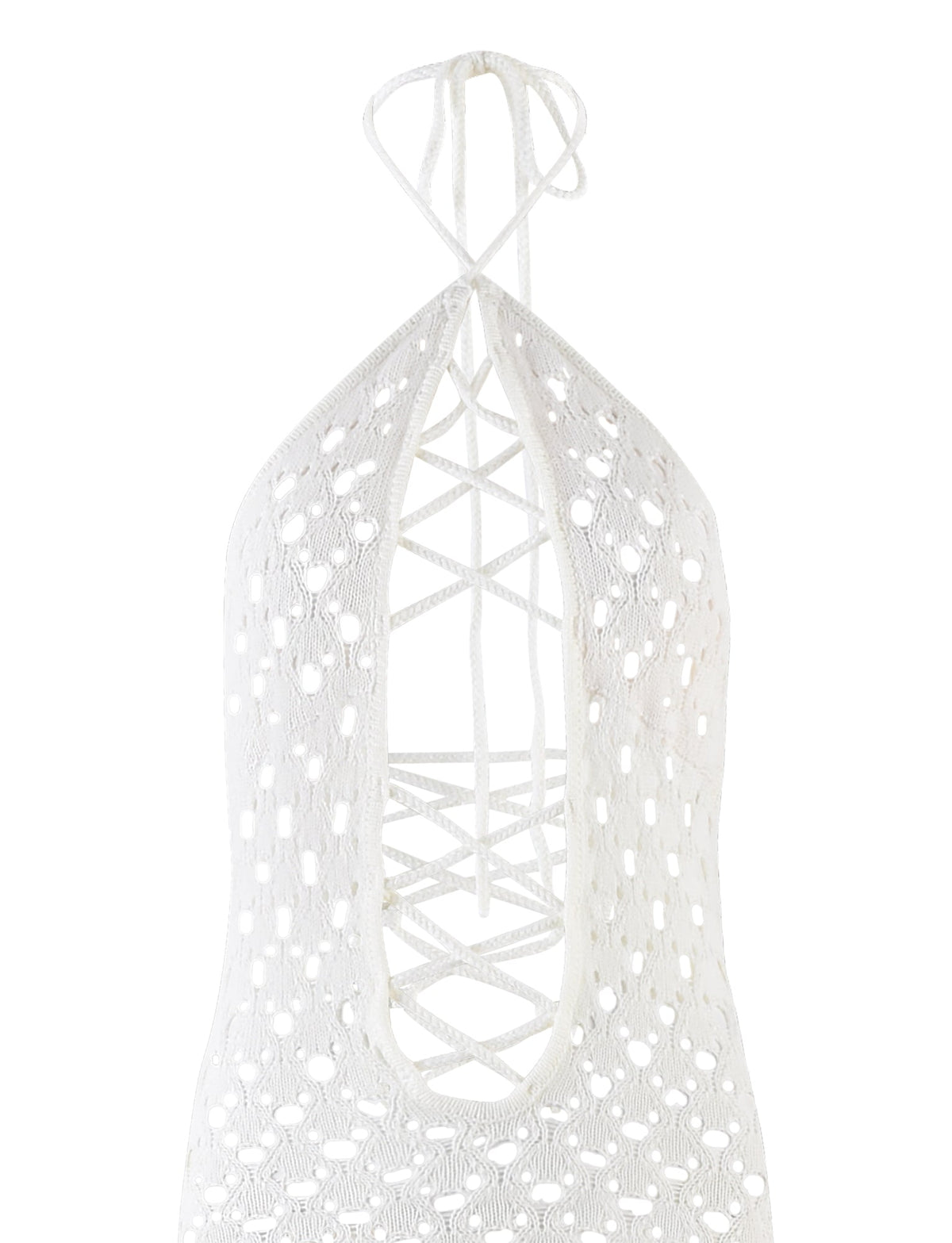 The CIARAN DRESS - WHITE from TIGERMIST is a beautiful white crochet halter dress featuring an intricate lace-up design down the front. This dress boasts a deep V-neckline and eyelet pattern, with ties that form a crisscross at the center.