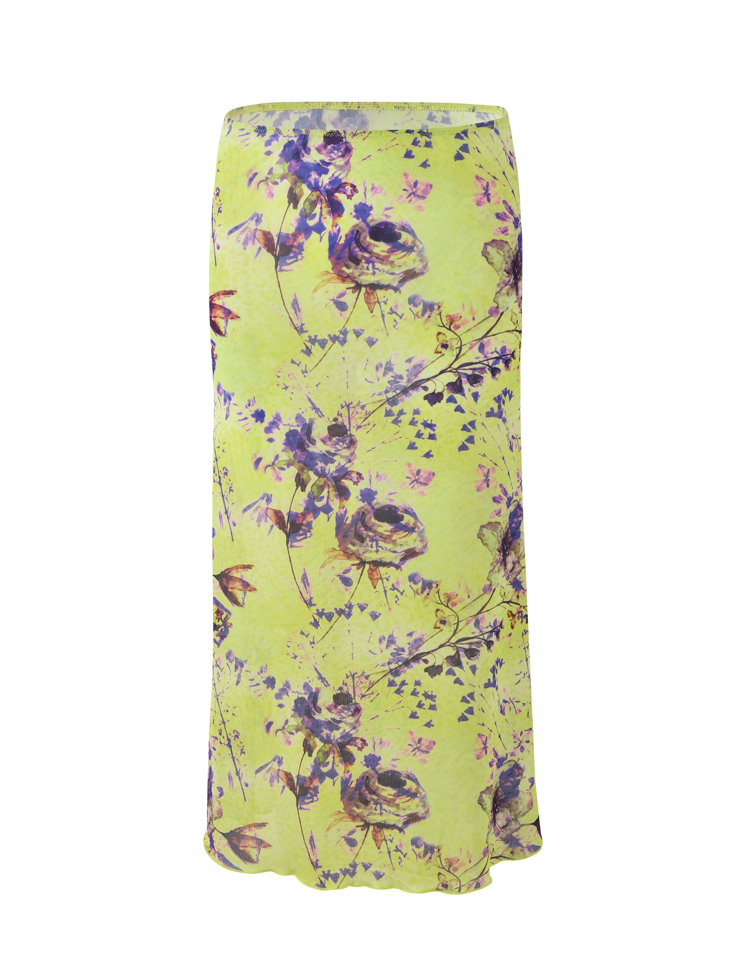 A mid-length, green floral skirt by Tiger Mist, featuring a delicate pattern of purple and pink flowers with green leaves. The Kellan Skirt - Green by Poppy Floral has a straight cut design and appears lightweight, perfect for warm weather.