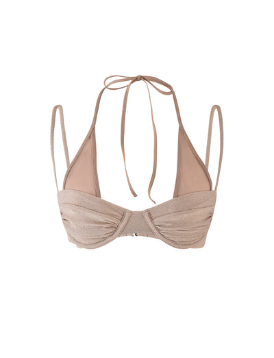 The ELLISON BIKINI TOP - GOLD from TIGERMIST features delicate spaghetti straps and a halter tie at the neck. The design includes ruched details on the cups, offering a chic and textured look, all displayed against a plain white background.