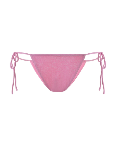 The TIGERMIST ELLISON BIKINI BOTTOM in baby pink features a shimmer sparkle lurex fabric, cheeky cut, and side tie strings, shown against a plain background.