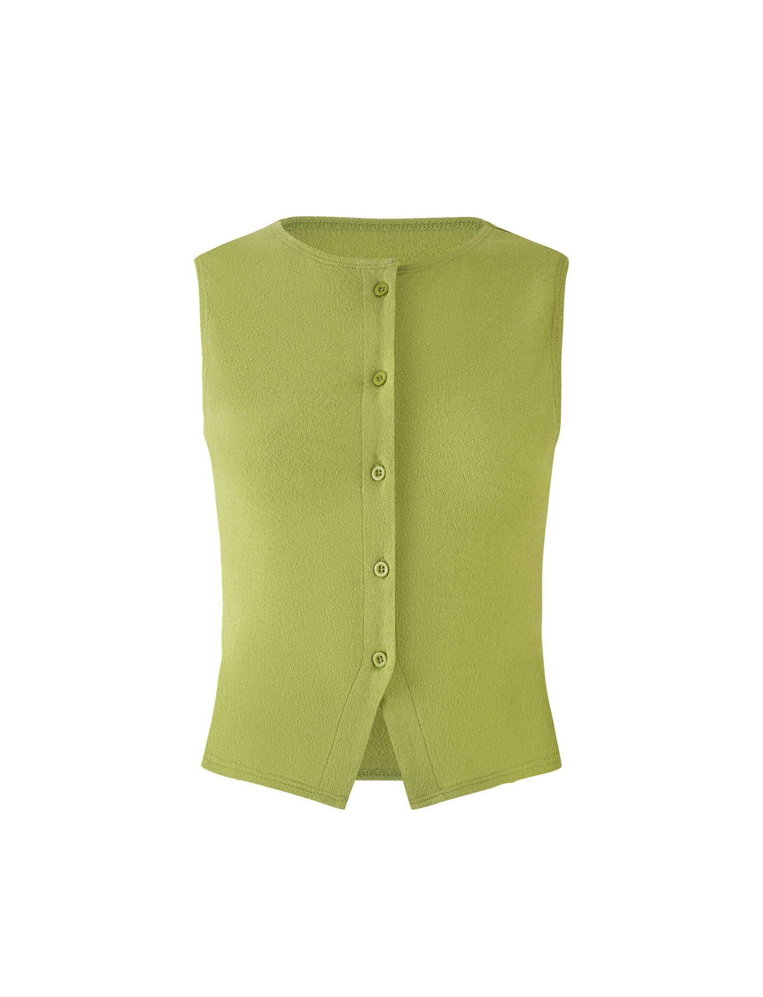An OAKLEE Top in Matcha Green by TIGERMIST is displayed against a white background. The sleeveless top features a round neckline, five buttons down the front, and a slightly split bottom hem in the center.