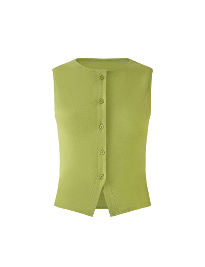 An OAKLEE Top in Matcha Green by TIGERMIST is displayed against a white background. The sleeveless top features a round neckline, five buttons down the front, and a slightly split bottom hem in the center.