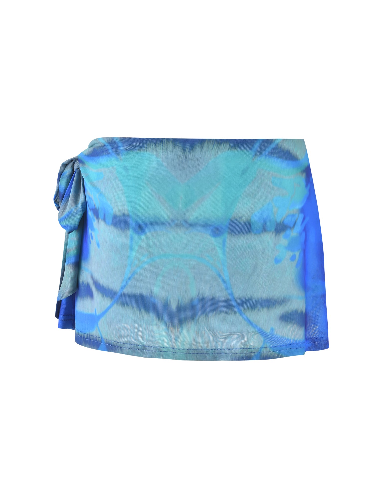 The TINSLEY SKORT - MULTI : ABSTRACT TIE DYE from TIGERMIST, tied at the waist, showcases a vibrant blue and green wavy pattern on a smooth, lightweight fabric. Featuring a short hemline and flowy, casual style, it's ideal for beach outings or sunny days.