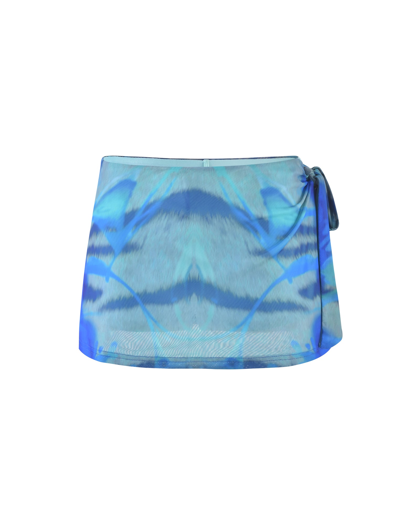 The TINSLEY SKORT - MULTI : ABSTRACT TIE DYE from TIGERMIST is a stylish blue-toned mini skirt featuring a vibrant abstract tie-dye pattern. It boasts a contemporary wrap design with a side tie at the waist, giving it a chic and modern appearance. The fabric looks lightweight and flowy, perfect for any occasion.