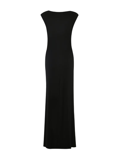 The BLAKELY DRESS - BLACK by TIGERMIST is a full-length, sleeveless dress featuring a rounded neckline and a slim, fitted silhouette. It offers a simple and elegant look, falling straight to the floor without any embellishments or patterns.
