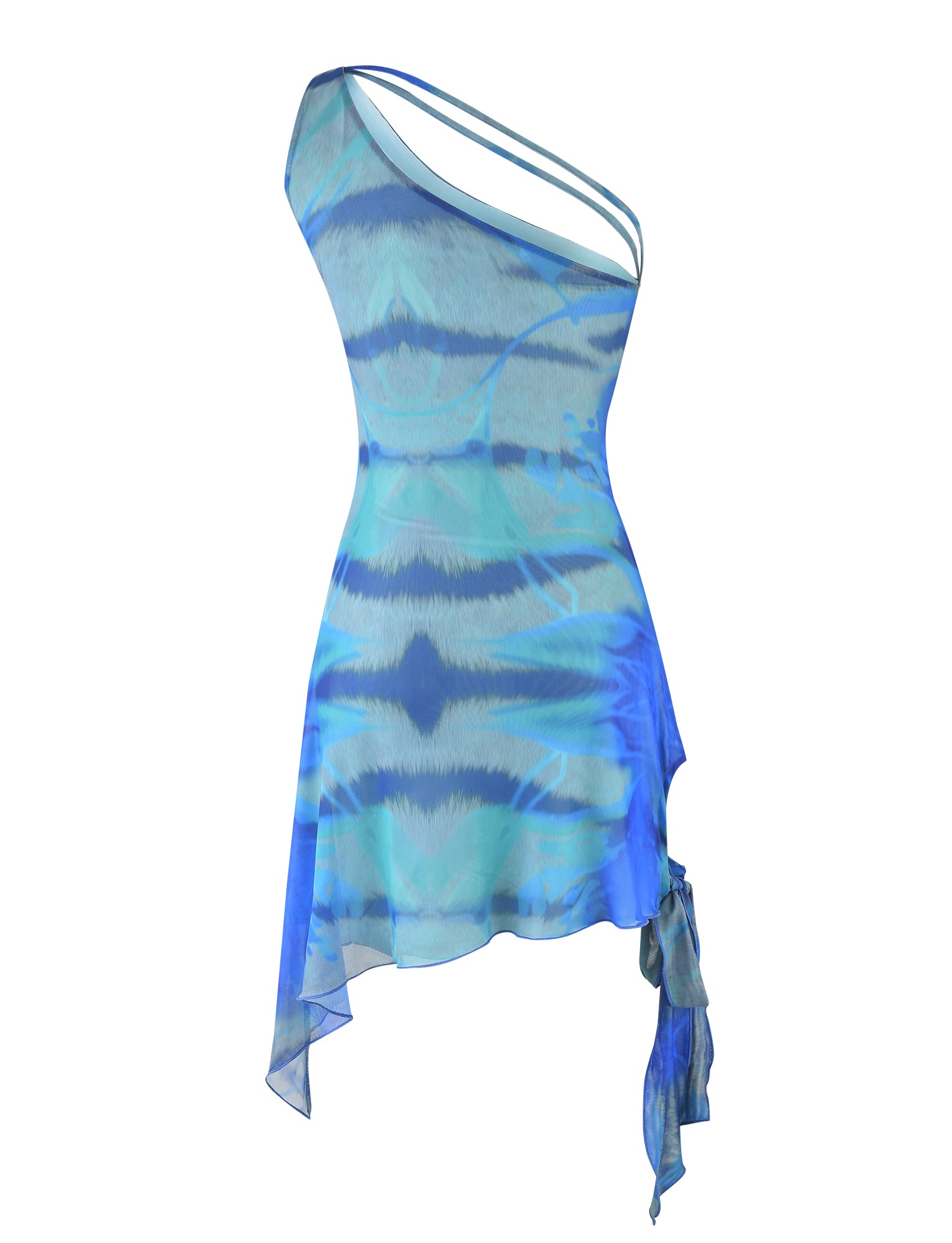 Introducing the TENLEY DRESS - MULTI : ABSTRACT TIE DYE by TIGERMIST, a one-shoulder, asymmetrical dress featuring a vibrant abstract pattern in captivating shades of blue and green. This stylish piece boasts an uneven hemline with a chic tie detail on one side, giving it a modern flair. The fabric is lightweight and flowy, ensuring both comfort and sophistication.
