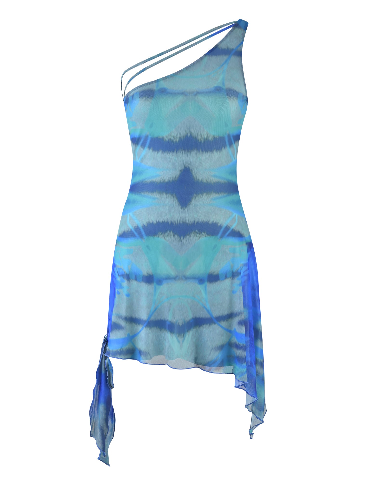 A TIGERMIST "TENLEY DRESS - MULTI: ABSTRACT TIE DYE" with an asymmetrical hemline. The dress features a single thin strap on one side and showcases a flowing, lightweight fabric with varying shades of blue and abstract tie-dye designs.