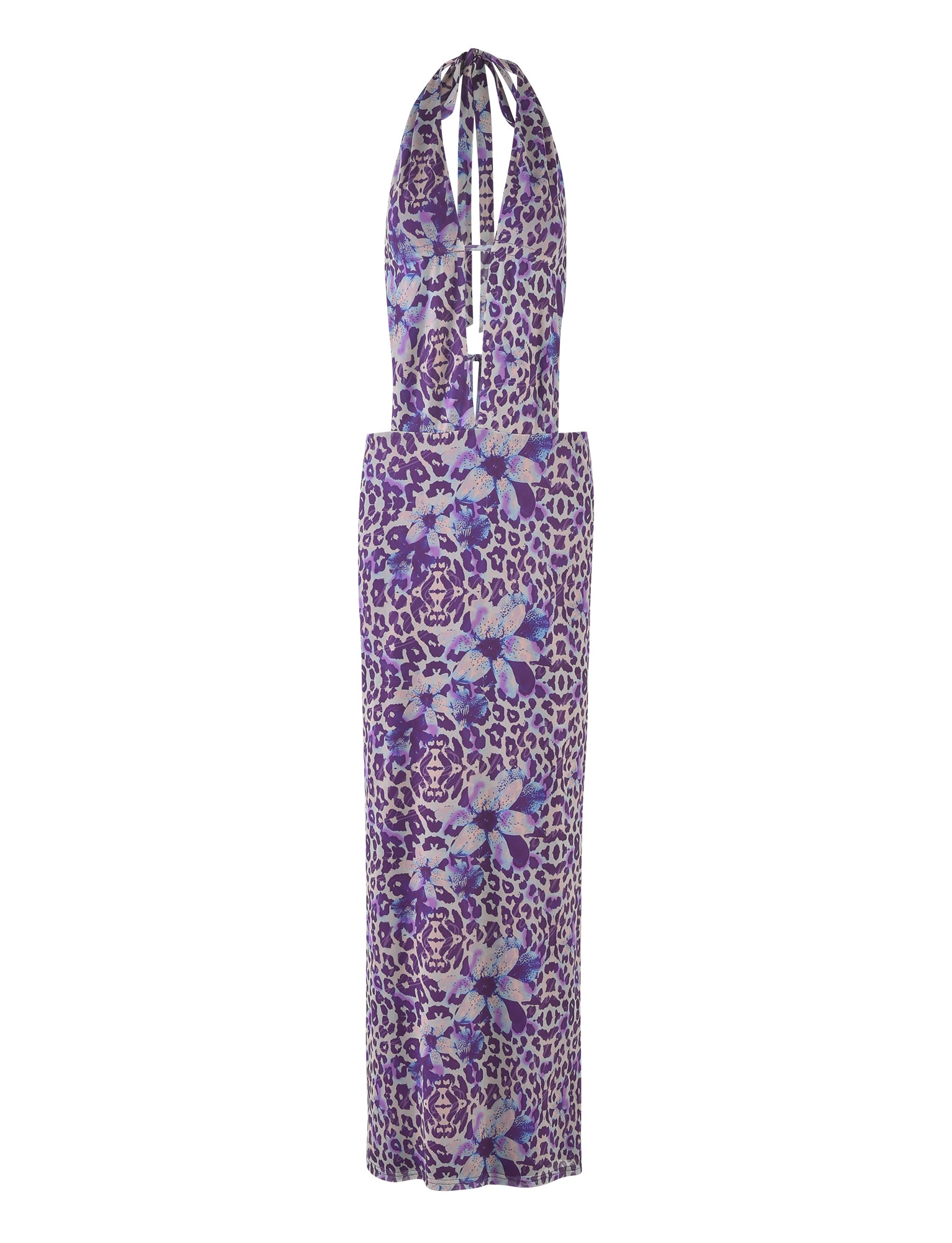 A form-fitting MAGDALENA MAXI DRESS - PURPLE : BY POPPY LEOPARD from TIGERMIST, featuring a sleeveless, halter-neck design with a deep plunging neckline, adorned with a purple leopard print and large blue flowers.
