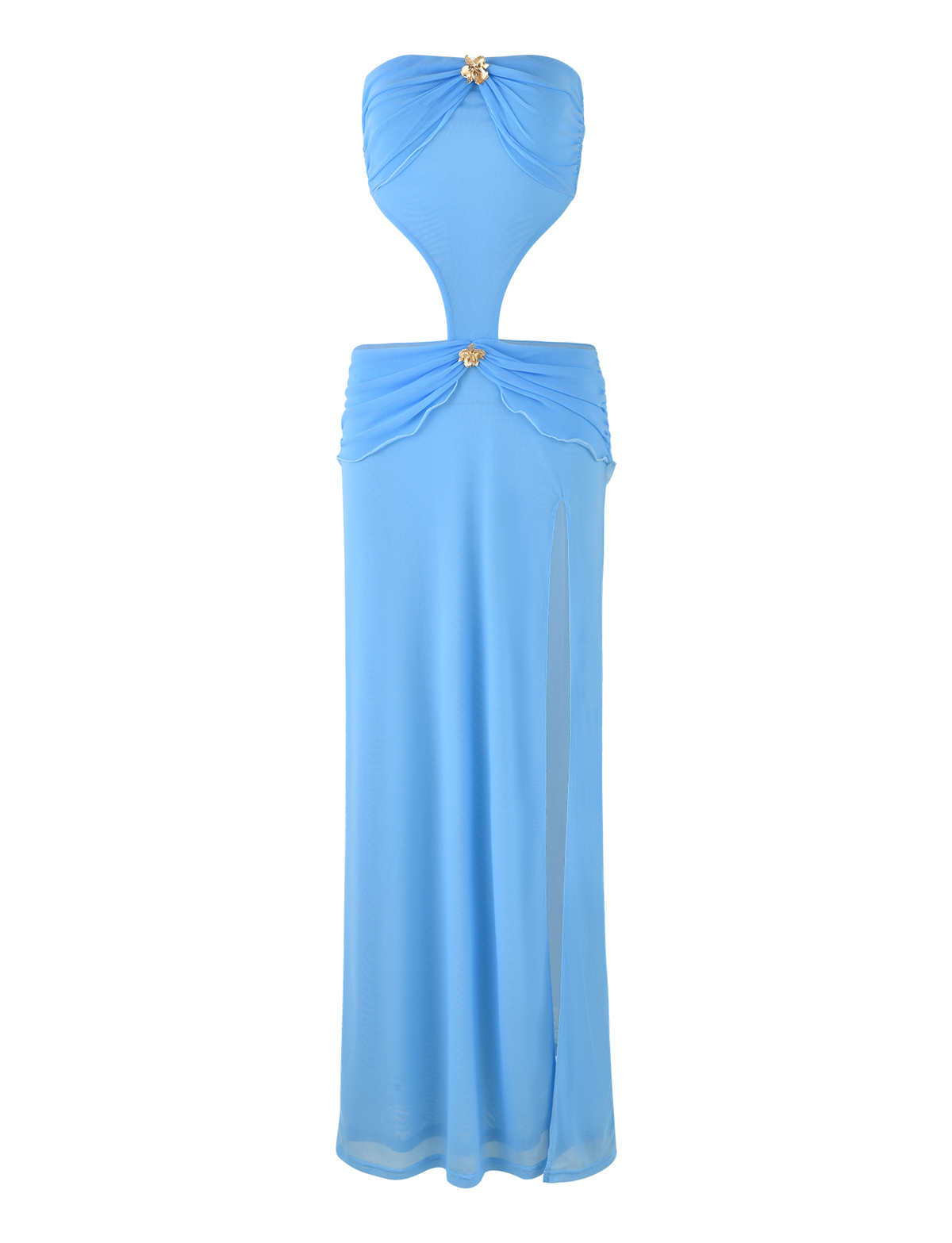 The KYNLEE DRESS by TIGERMIST is a strapless sky blue maxi with cut-outs, a sweetheart neckline, ruched bust and hips, gold embellishments, and a high left slit.