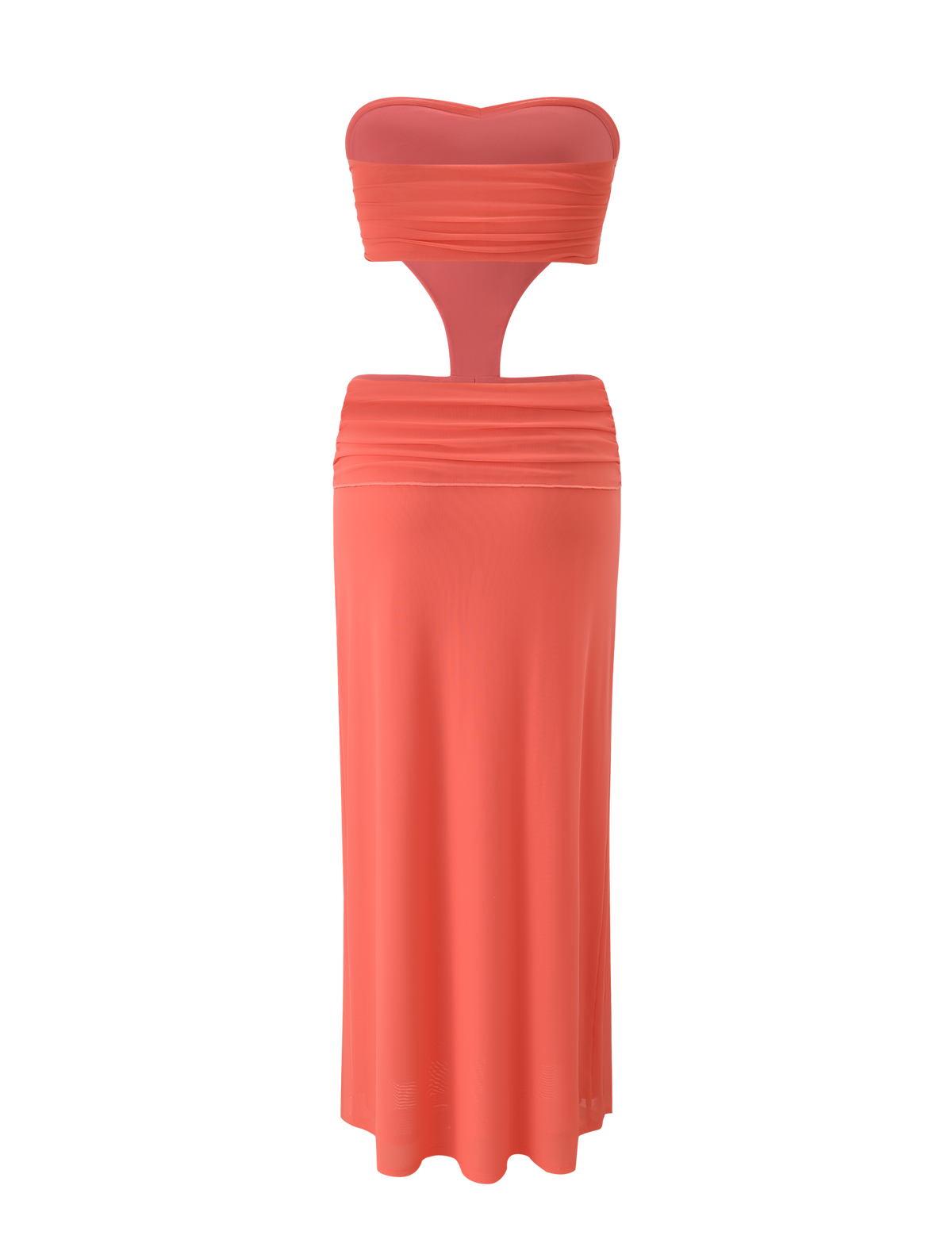 The TIGERMIST KYNLEE MAXI DRESS in Watermelon features a coral mesh bandeau style with a strapless top, cutout midsection, long fitted skirt, and floral gold hardware, shown on a mannequin against a plain white background.