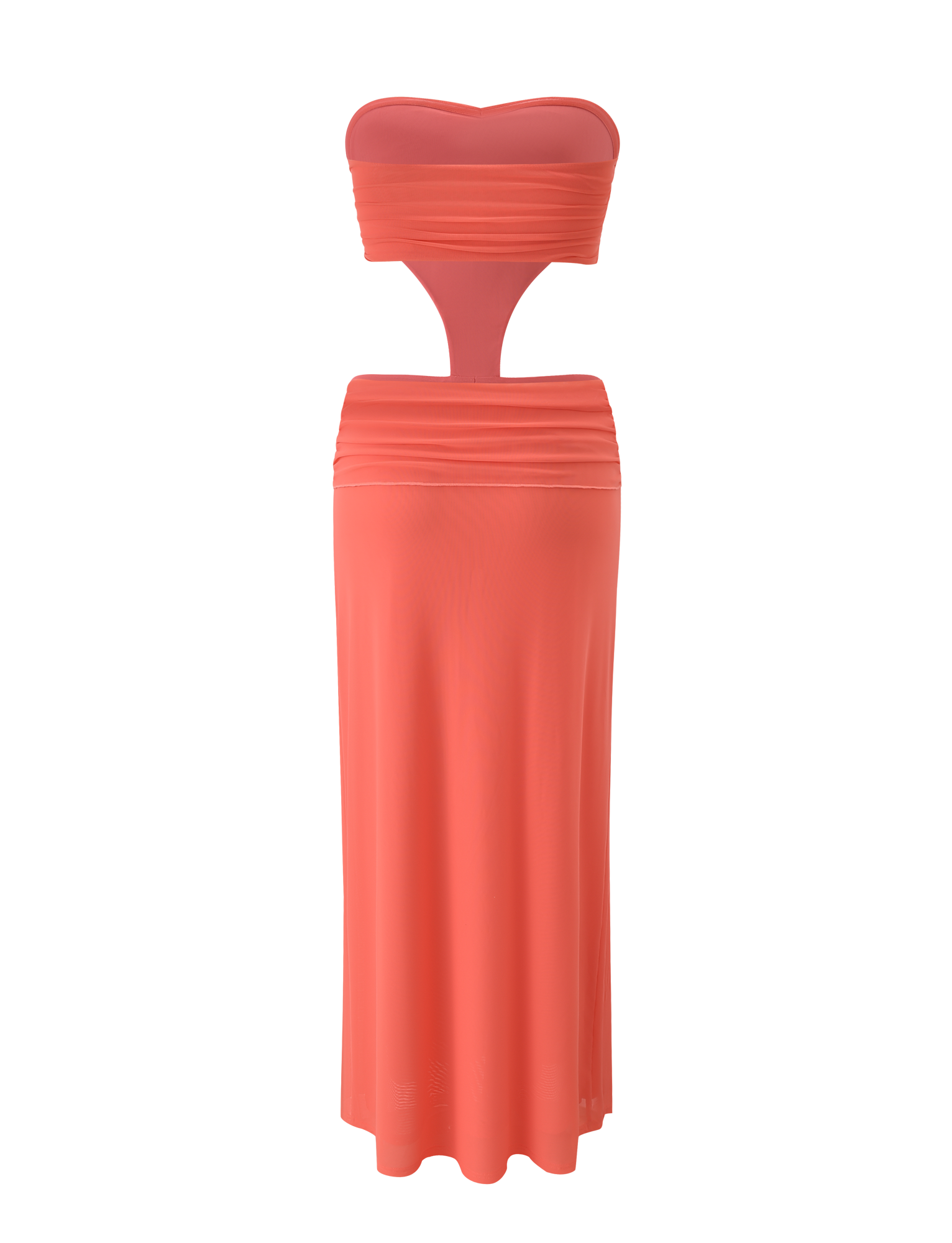 The TIGERMIST KYNLEE MAXI DRESS in Watermelon features a coral mesh bandeau style with a strapless top, cutout midsection, long fitted skirt, and floral gold hardware, shown on a mannequin against a plain white background.