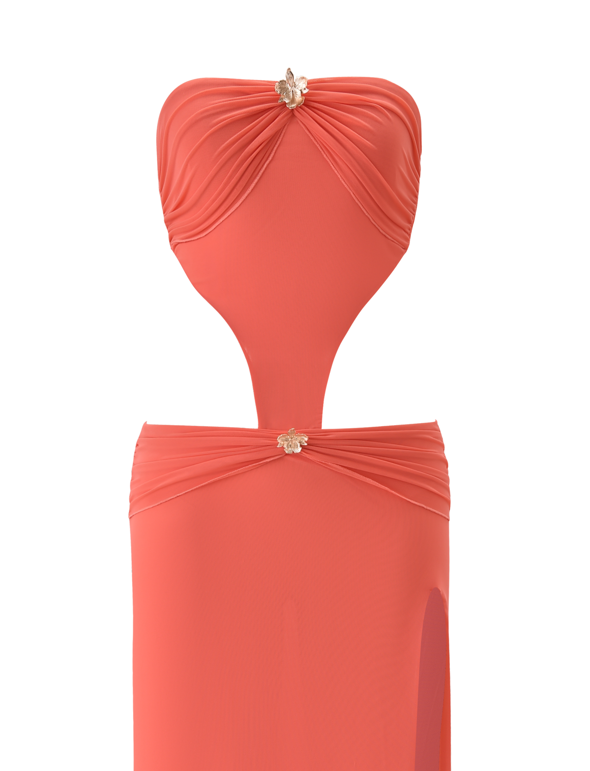 The KYNLEE MAXI DRESS by TIGERMIST is a strapless watermelon-hued dress with ruched detailing, floral gold hardware at the bust and waist, a cut-out midriff, and a high side slit for extra allure.