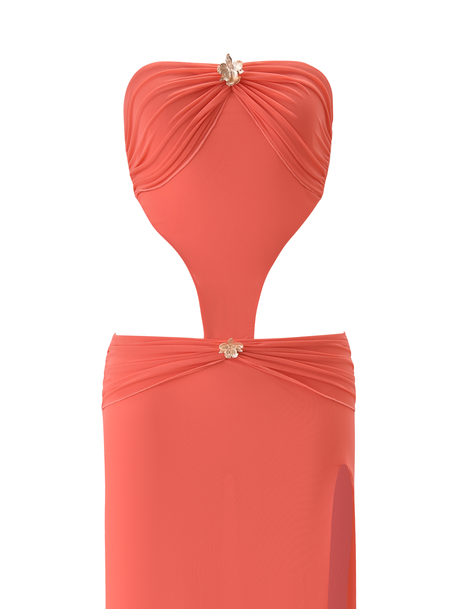 The KYNLEE MAXI DRESS by TIGERMIST is a strapless watermelon-hued dress with ruched detailing, floral gold hardware at the bust and waist, a cut-out midriff, and a high side slit for extra allure.
