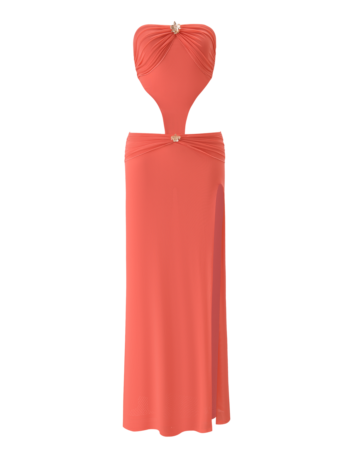 The KYNLEE MAXI DRESS in Watermelon by TIGERMIST features a mesh bandeau design with cut-out, ruched detail at the bust and waist, floral gold hardware, a high side slit, and a long flowing skirt for a bold look.