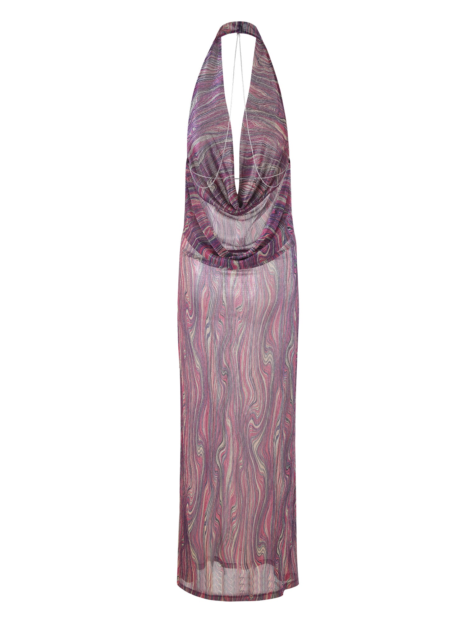 The SONORA DRESS - MULTI: ROSE STRIPE by TIGERMIST is a sleeveless, halter-neck dress with a deep plunging neckline. It showcases a multicolored, swirled pattern in shades of pink, purple, and gray. This sheer and form-fitting creation extends to about ankle length.