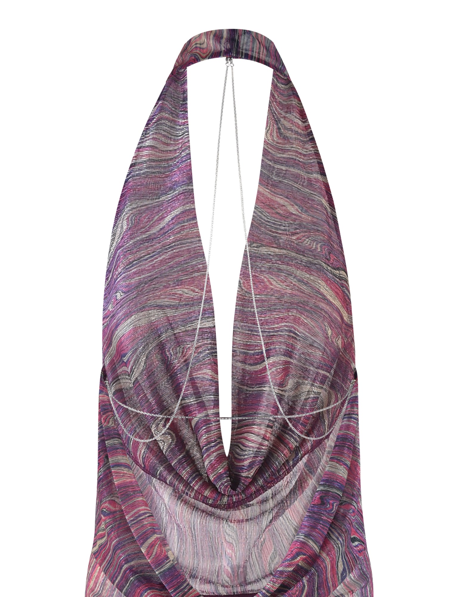 Displayed is the SONORA DRESS - MULTI: ROSE STRIPE from TIGERMIST, featuring a vibrant marbled pattern. The dress boasts a deep V neckline with a draped front and elegant silver chain details running downward from the neckline, enhancing its texture and sophistication.