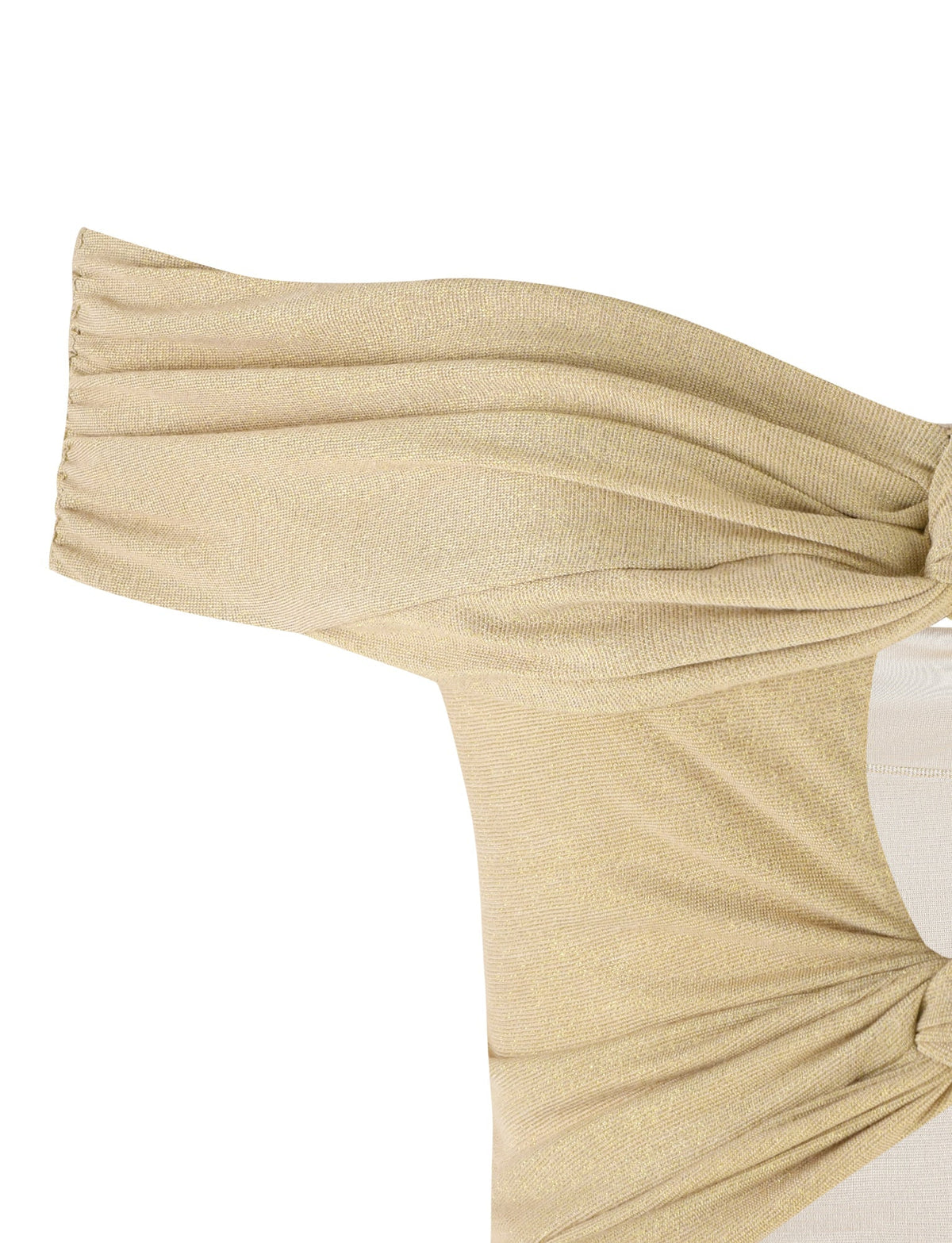 A close-up image of the Lynsey Top - Gold from TIGERMIST showcasing its textured, ruched design and an outward-folded sleeve. The garment, which has a stretchy fabric with a shiny finish, creates a slight shimmer effect under the light. The sleeve extends horizontally from the body of the top.