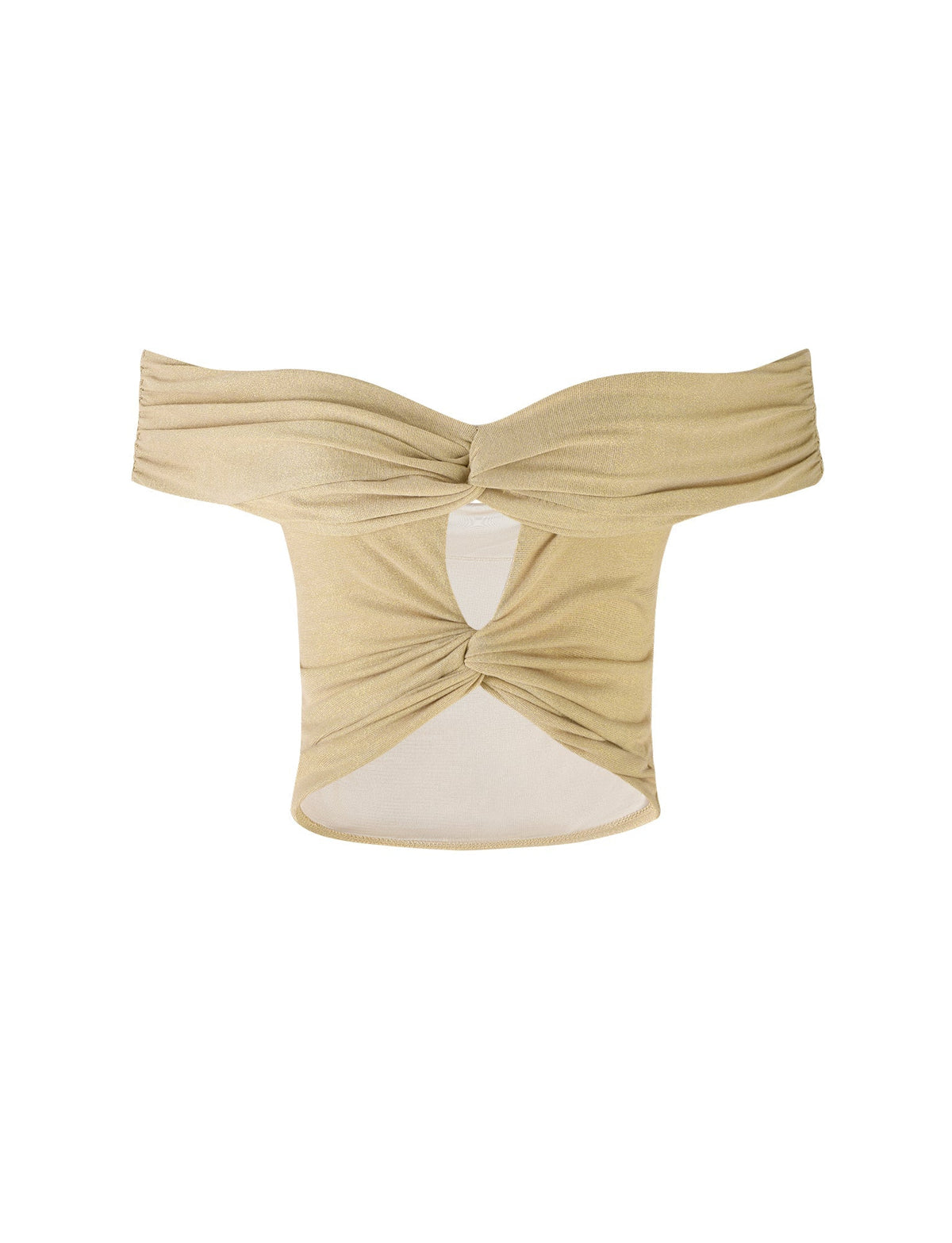 The LYNSEY TOP - GOLD from TIGERMIST is a beige, off-the-shoulder crop top featuring twisted front details at the bust and a central keyhole cutout. The fabric is slightly gathered, creating a textured appearance. This form-fitting and stylish top is versatile for various fashion looks.