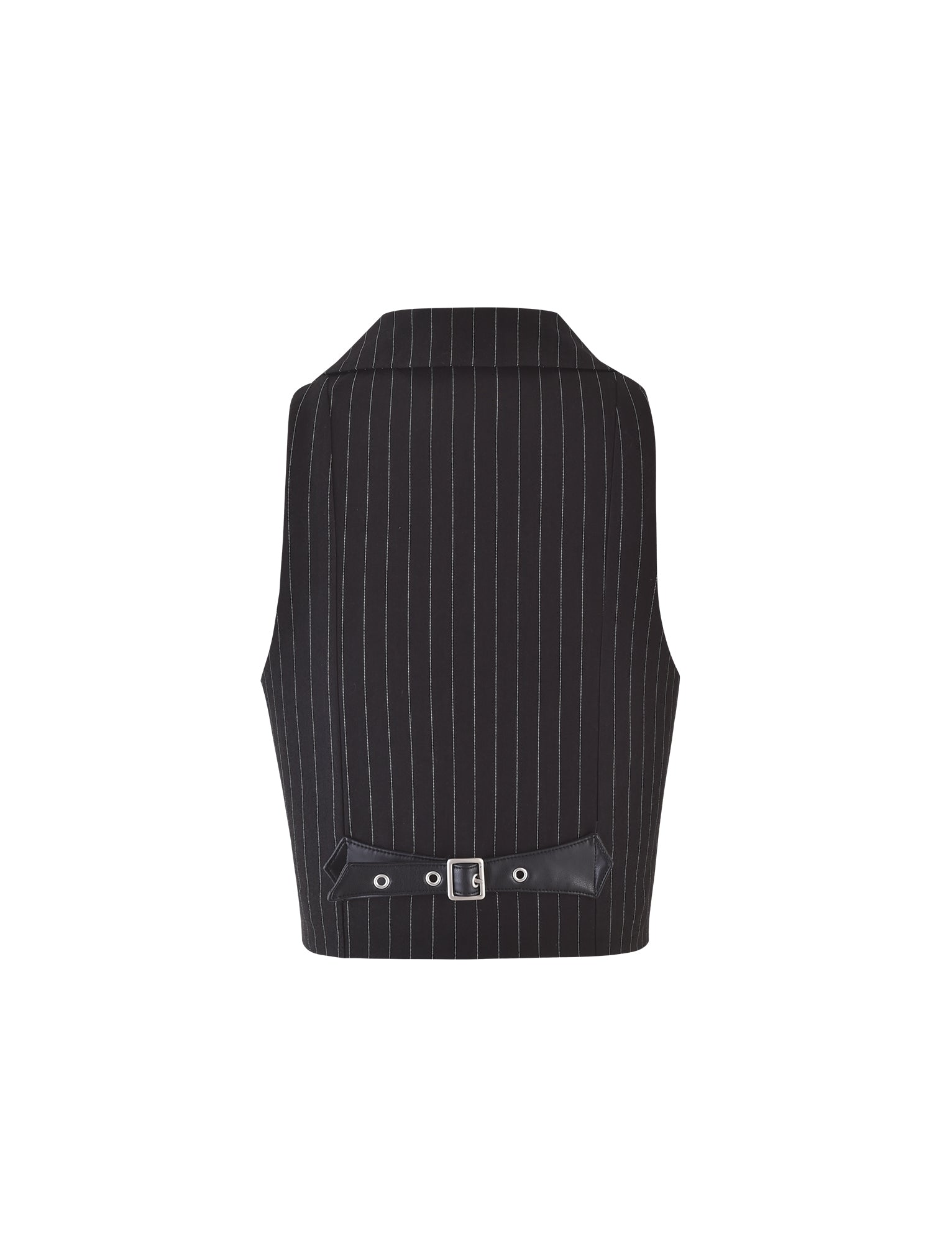 The TAMARA VEST - BLACK : PINSTRIPE by TIGERMIST showcases a back view with a tailored fit and a buckled strap across the lower back, featuring a mid-length design with classic vertical white pinstripes and an adjustable rectangular buckle.