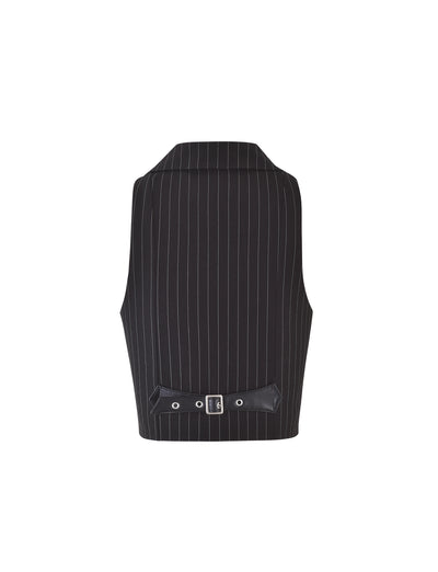 The TAMARA VEST - BLACK : PINSTRIPE by TIGERMIST showcases a back view with a tailored fit and a buckled strap across the lower back, featuring a mid-length design with classic vertical white pinstripes and an adjustable rectangular buckle.