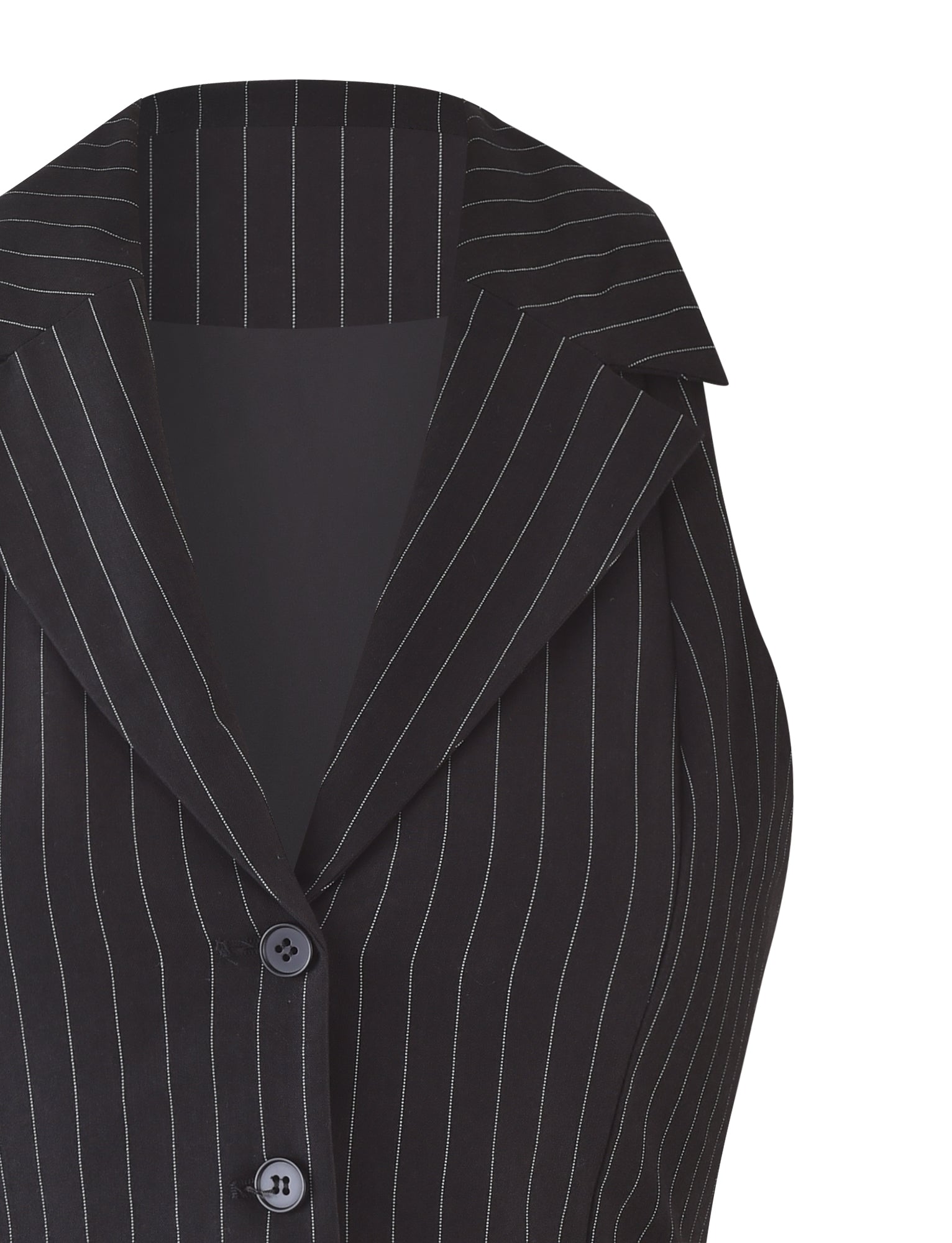 Close-up of the TIGERMIST TAMARA VEST - BLACK: PINSTRIPE with a notched collar, three visible buttons, and thin white vertical stripes. The tailored fit gives it a sleek look, paired effortlessly with the matching pinstripe vest against a plain white background.