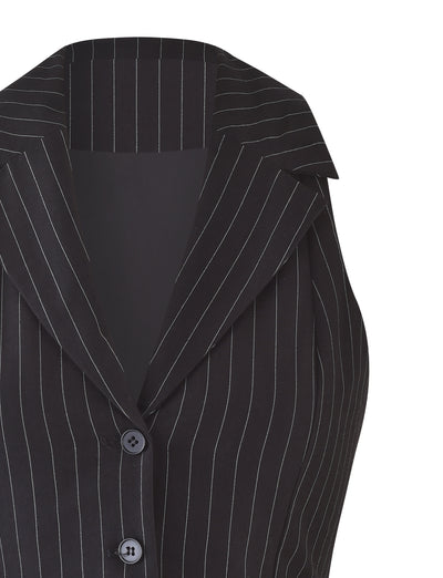 Close-up of the TIGERMIST TAMARA VEST - BLACK: PINSTRIPE with a notched collar, three visible buttons, and thin white vertical stripes. The tailored fit gives it a sleek look, paired effortlessly with the matching pinstripe vest against a plain white background.